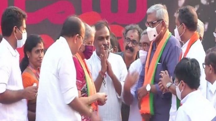 Former Kerala High Court judge P.N. Ravindran joined the BJP during the party’s 'Vijaya Yathra' at Thripunithura in Kochi on 28 February. Finance Minister Nirmala Sitharaman was also present at the event. | Photo: ANI