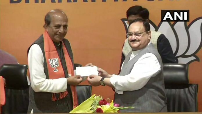 Former Trinamool Congress MP Dinesh Trivedi (left) with BJP national president J P Nadda (right), on 6 March, 2021 | Twitter | @ANI