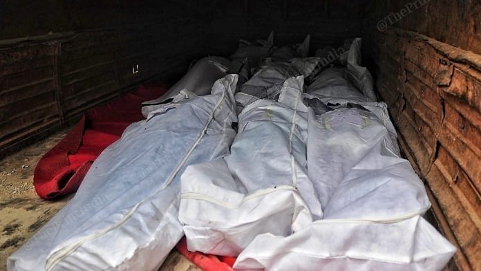 Dead bodies being carried in a truck from a mortuary in Raipur on 14 April. | Photo: Suraj Singh Bisht/ThePrint