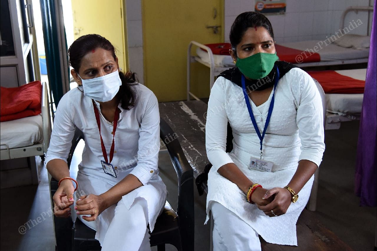 ANM staff Mamata Ujjaini and Monica Chaudhary at a vaccination centre in Jalindri. | Photo: Rohit Jain Paras/ThePrint