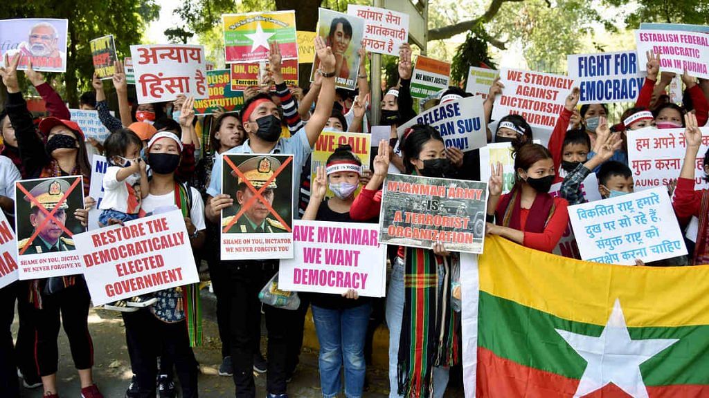 Representational image of refugees from Myanmar protesting against the military coup in that country in New Delhi | Photo: ANI