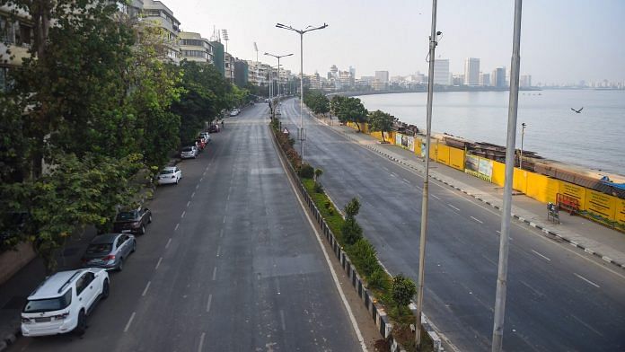 Deserted road at Marine drive as Maharashtra govt announced weekend lockdown due to surge in Covid cases in Mumbai on 10 April, 2021 | PTI
