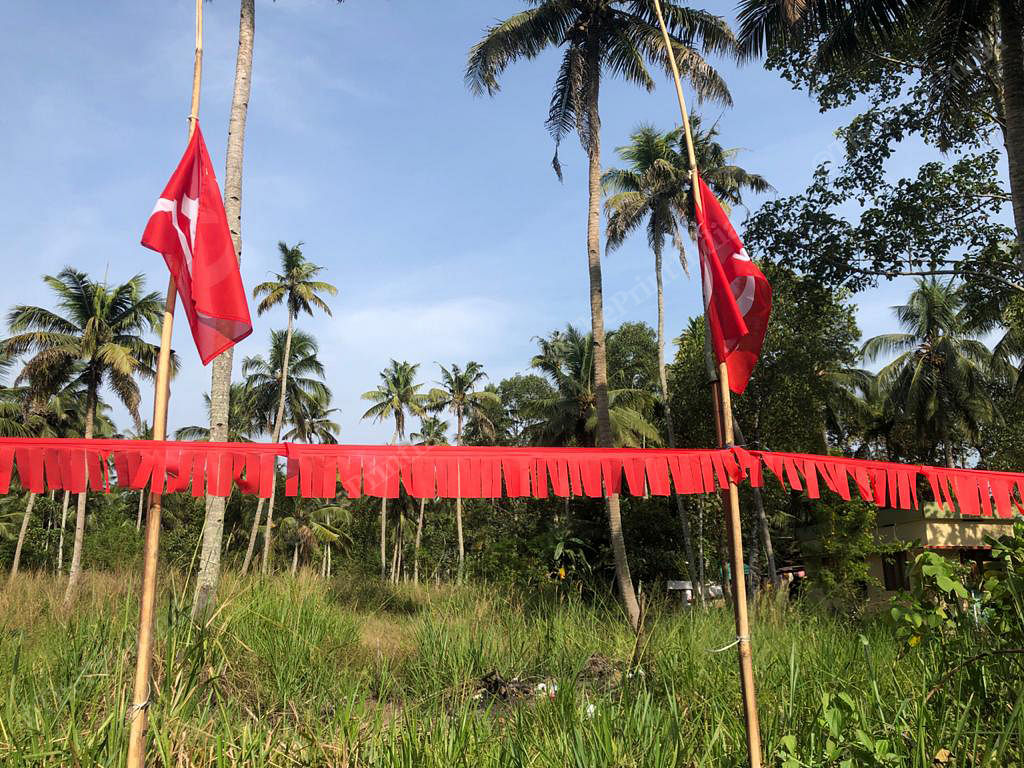 CPM party flags are everywhere in Kerala -- here in the middle of a coconut-palm oasis | Photo: Jyoti Malhotra | ThePrint