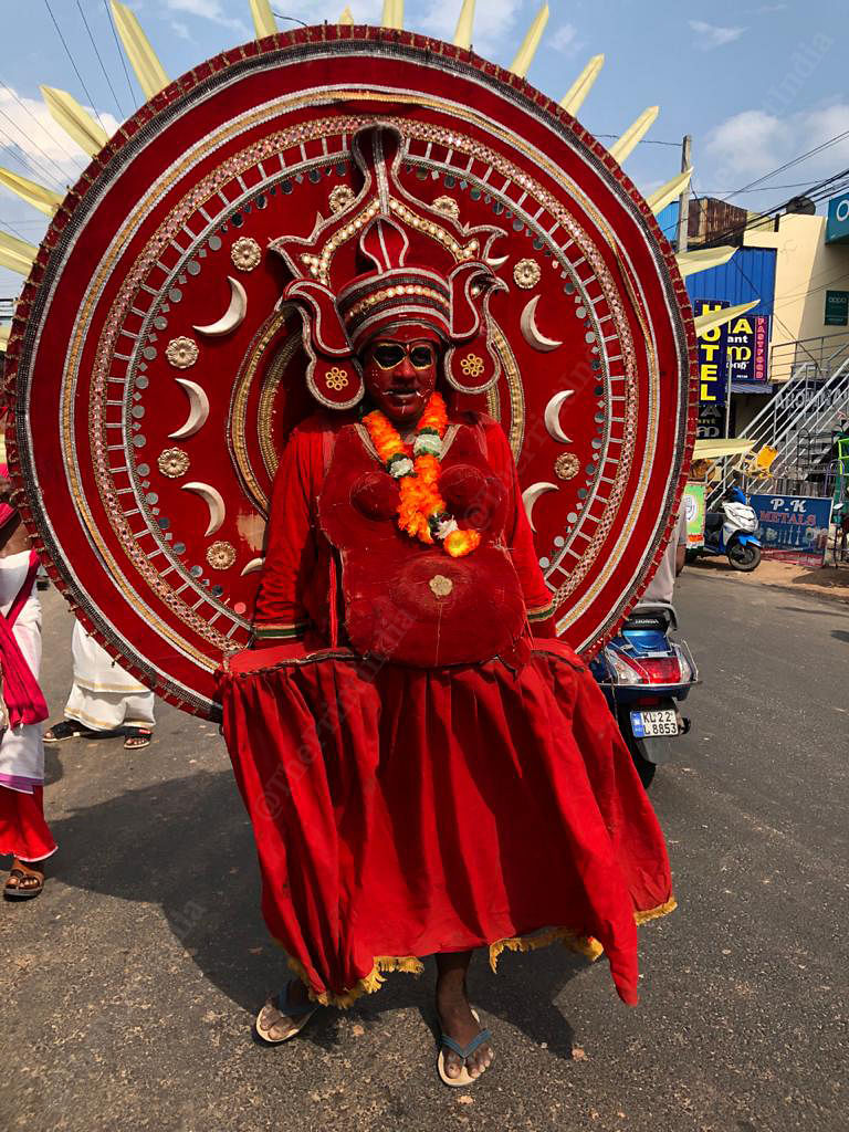Theyyam dancer at the head of the Sitaram Yechury parade in Peyyad Junction, Thiruvananthapuram | Photo: Jyoti Malhotra | ThePrint