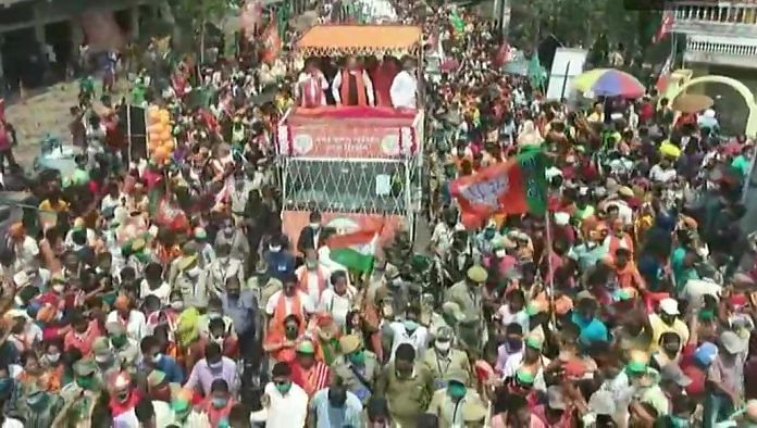 Amit Shah during a roadshow in North 24 Parganas district,