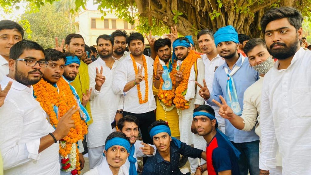 Members of NSUI celebrating after winning all posts in student union elections of Sampurnanand Sanskrit University in Varanasi | Twitter