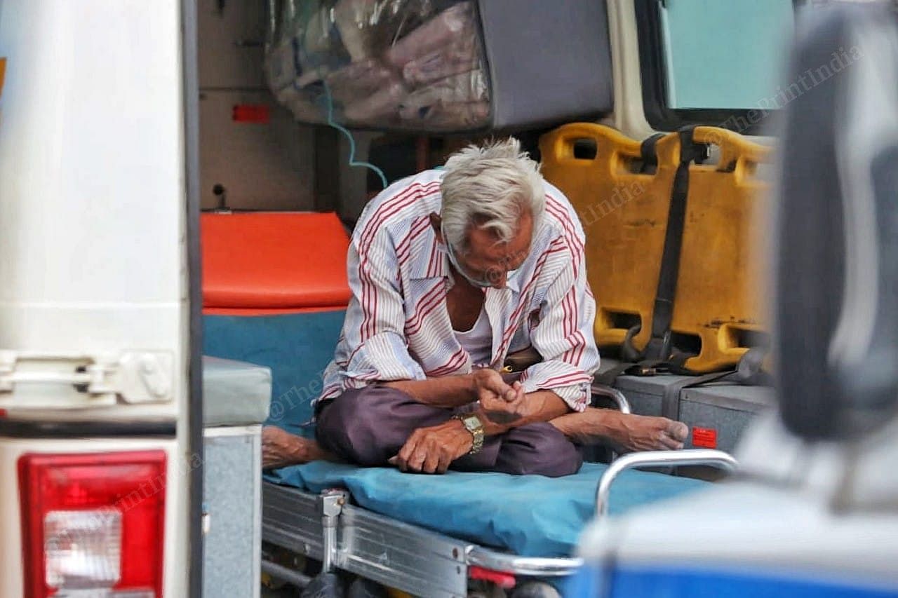A Covid-19 patient waits in an ambulance outside the Ahmedabad Civil Hospital | Praveen Jain | ThePrint