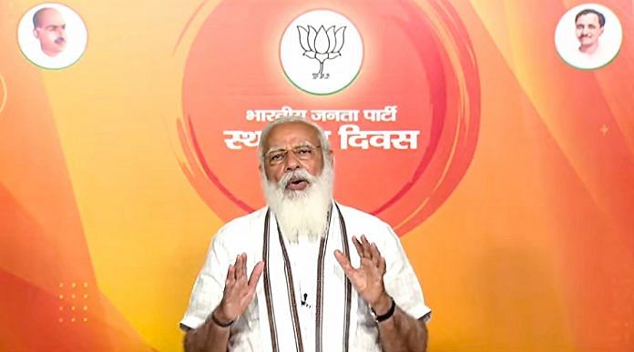 Prime Minister Narendra Modi addresses BJP workers on the occasion of the party's Sthapana Diwas (Foundation Day), via video conferencing, in New Delhi on 6 April 2021 | PTI