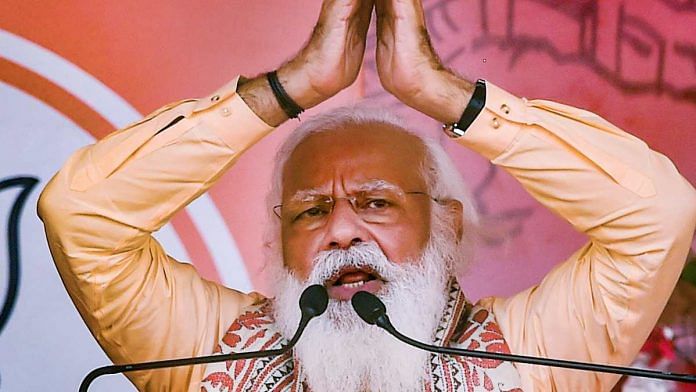 Prime Minister Narendra Modi addresses during an election campaign rally at Joynagar in South 24 Parganas district on 1 April 2021 | PTI
