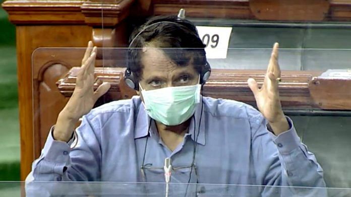 File photo of BJP MP Suresh Prabhu during a Rajya Sabha proceeding, in New Delhi in September 2020 | ANI