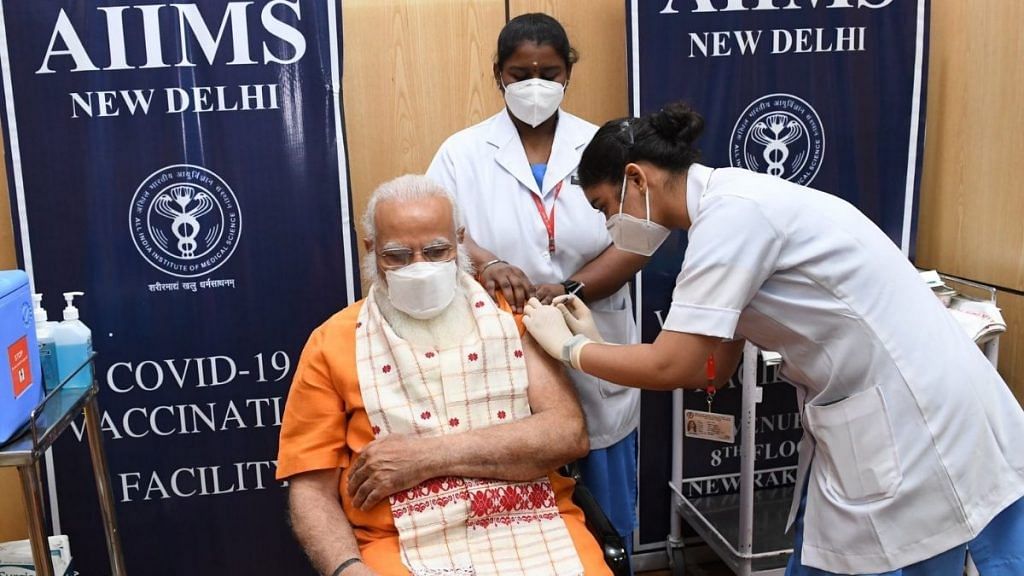 PM Modi being administered the second dose of Covid vaccine at AIIMS on 8 April 2021 | @narendramodi | Twitter