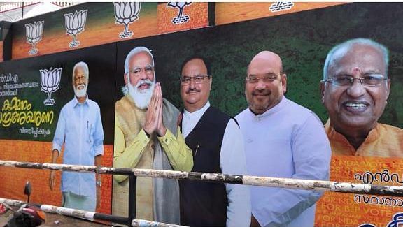 A BJP hoarding for its Nemom candidate Kummanam Rajasekharan (far left) at Nemom in Thiruvananthapuram | Photo: Jyoti Malhotra/ThePrint