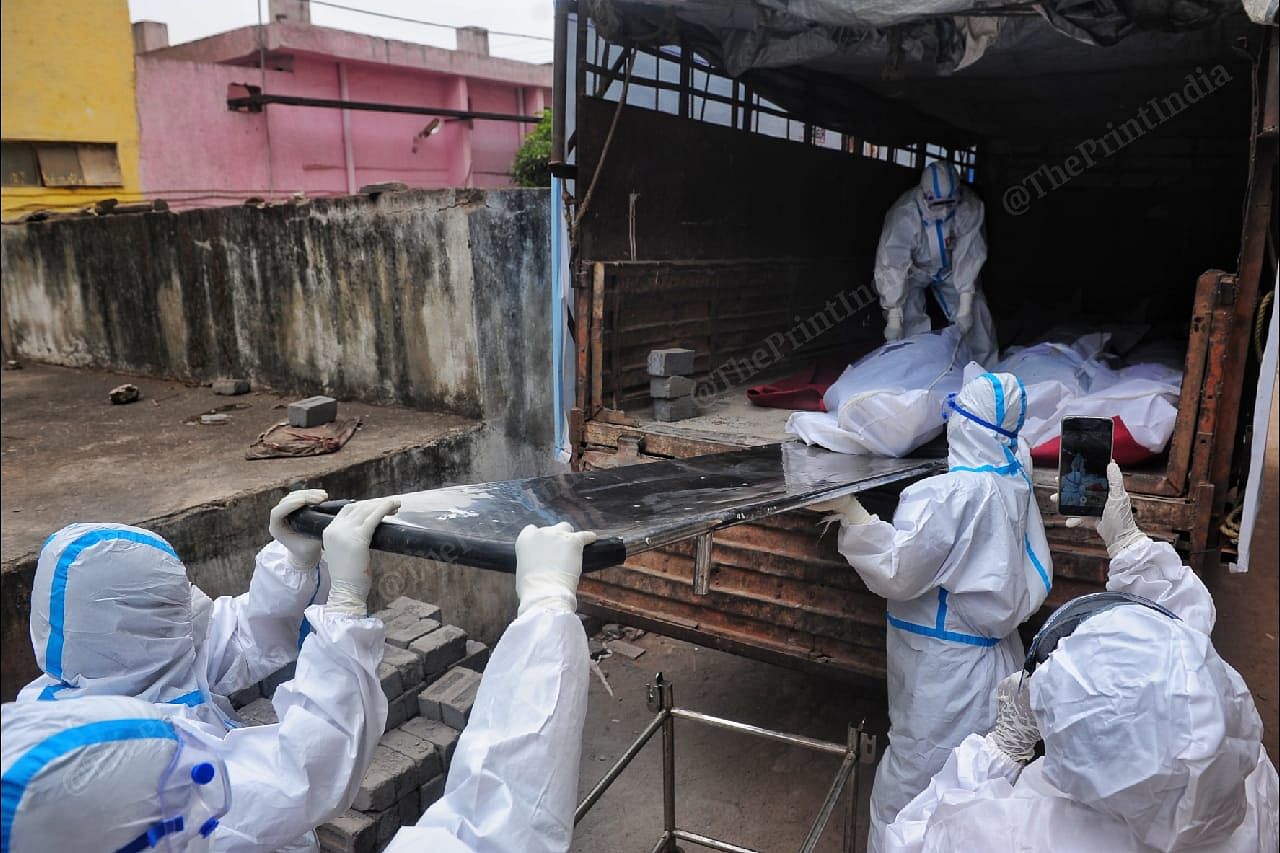 Dead bodies being carried in a truck from a mortuary in Raipur | Photo: Suraj Singh Bisht | ThePrint