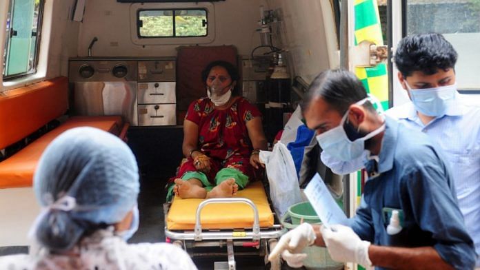 A patient in an ambulance just outside the Durg Civil Hospital in Chhattisgarh | Photo: Suraj Singh Bisht/ThePrint