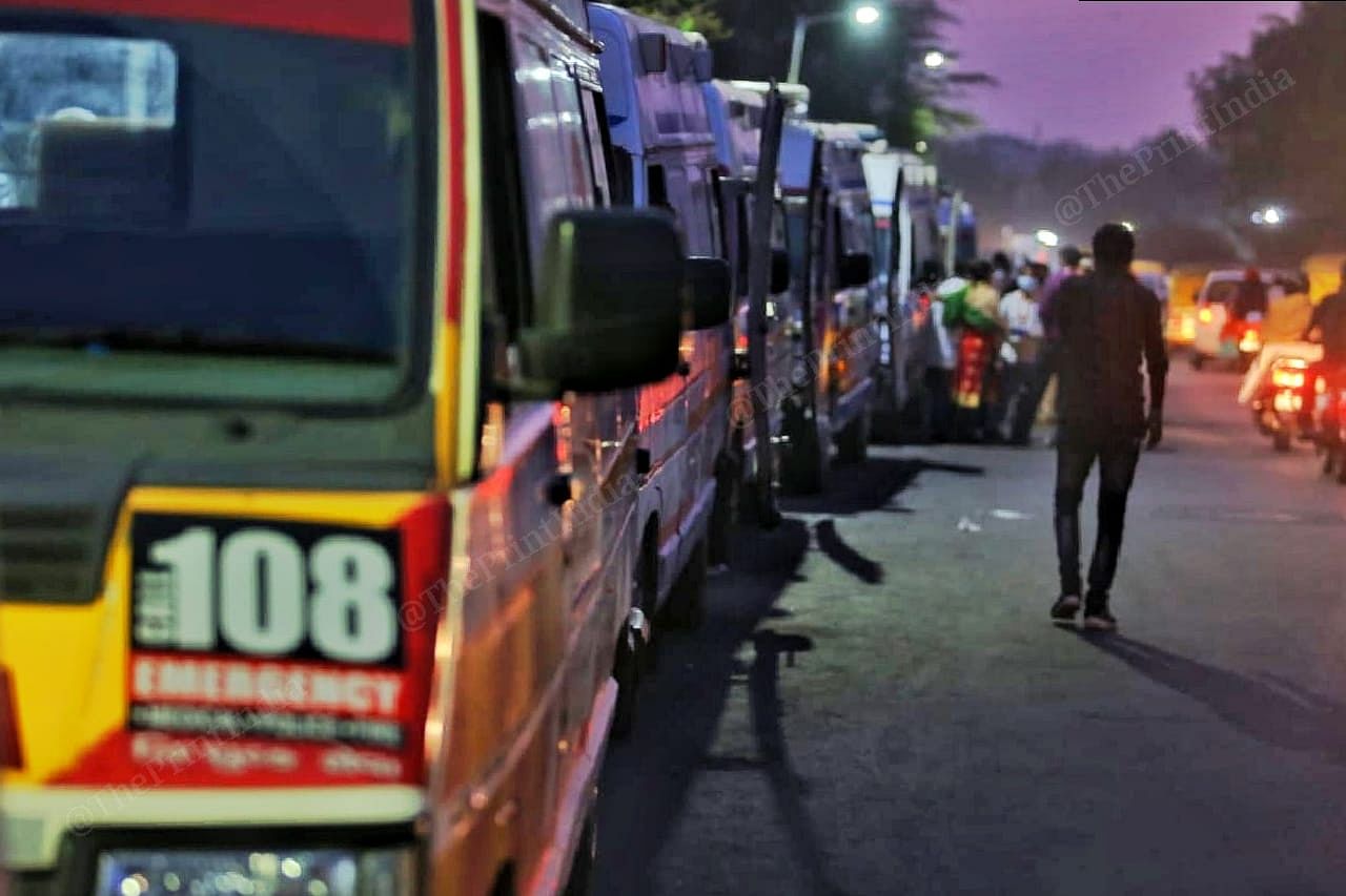 At dusk sets in the queue of ambulances outside Ahmedabad Hospitals only grow longer | Photo: Praveen Jain | ThePrint