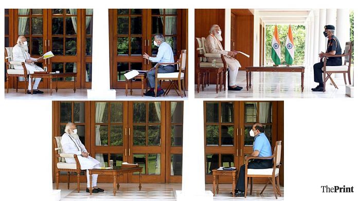 (Clockwise) PM Narendra Modi meets CDS General Bipin Rawat, Chief of Army Staff General MM Naravane and Air Chief Marshal RKS Bhadauria, in New Delhi this week | ANI