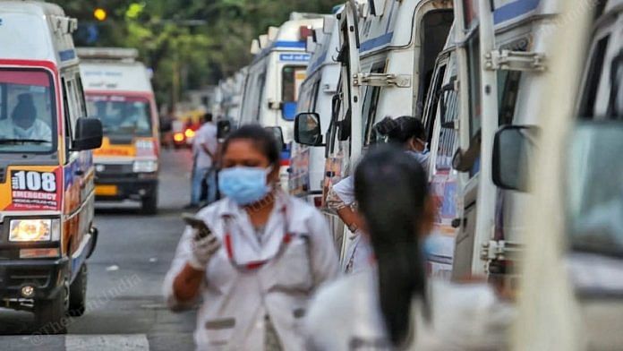Ambulances lined up outside the Ahmedabad Civil Hospital Tuesday | Praveen Jain | ThePrint