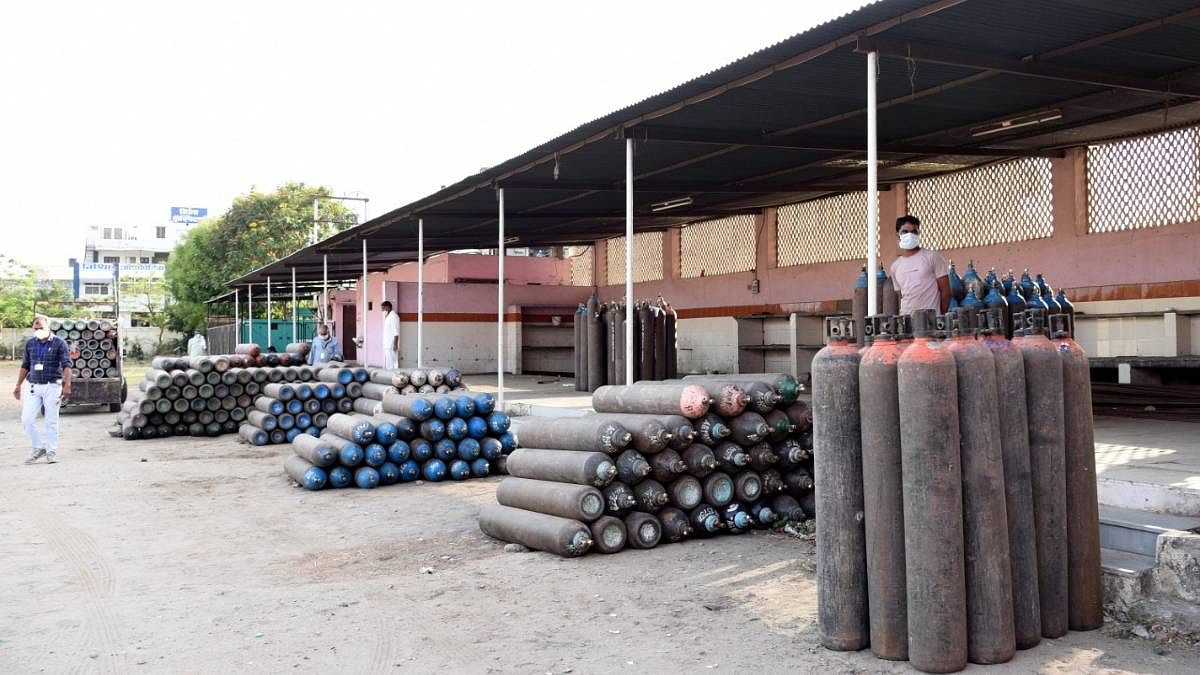 Oxygen cylinders stored for refills. Bhilwara has ramped up its oxygen supply to cater to the patient load in the second Covid surge | Rohit Jain Paras | ThePrint