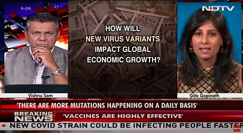 NDTV 24X7 anchor Vishnu Som during an interview with IMF Chief Economist Gita Gopinath