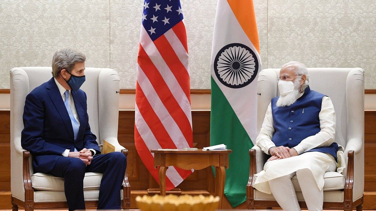 US Special Presidential Envoy for Climate John Kerry and PM Narendra Modi at a meeting in New Delhi, on 7 April, 2021 | PTI