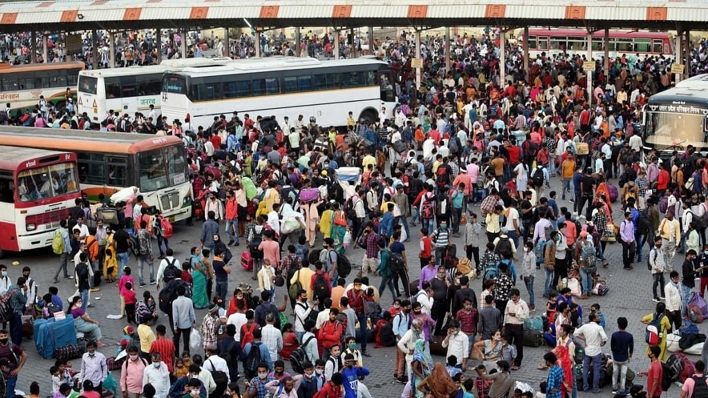 A view of the Anand Vihar bus terminal as migrants return to their states after the announcement of a week-long lockdown, in New Delhi on 19 April. | Photo: ANI