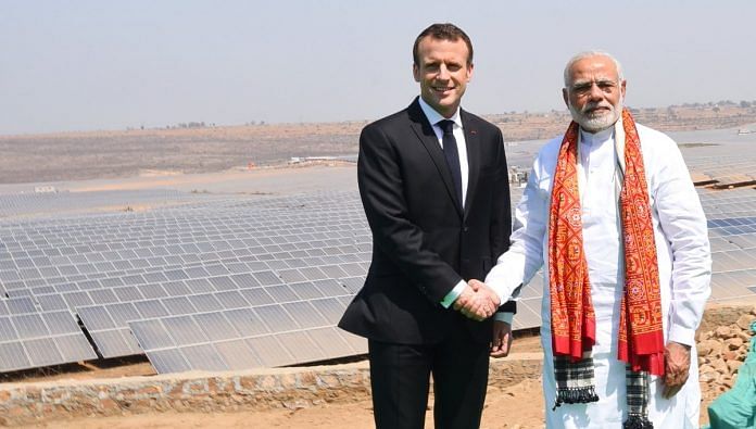 A file photo of French President Emmanual Macron with PM Modi | Twitter | @narendramodi