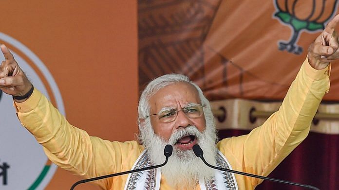PM Narendra Modi addresses an election rally in support of his party candidates ahead of the 3rd phase of West Bengal assembly polls in Hooghly district, on 3 April 2021 | PTI