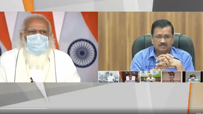 Screengrab of Prime Minister Narendra Modi during a meeting with chief ministers including Delhi CM Arvind Kejriwal
