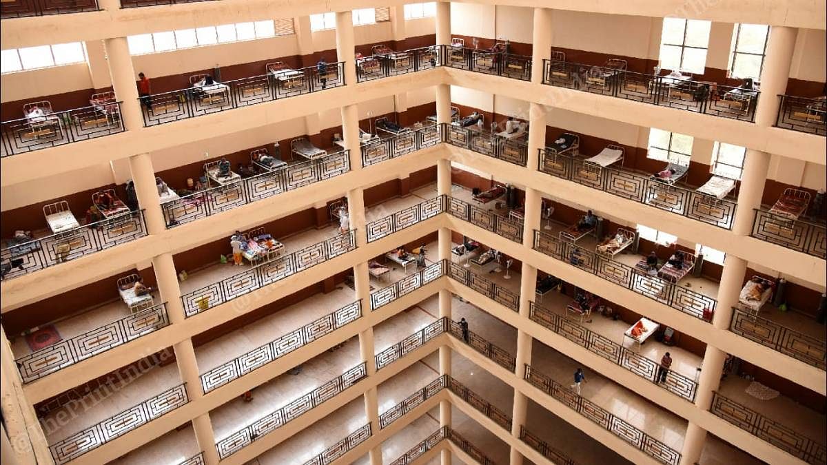 Hospital beds queued up in corridors of the Covid ward buildings at the Rajasthan University of Health Sciences hospital | Rohit Jain Paras | ThePrint