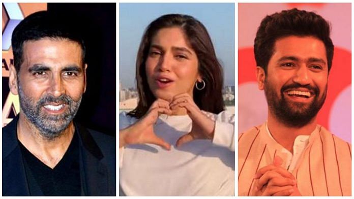 From left to right: Akshay Kumar, Bhumi Pednekar and Vicky Kaushal, three Bollywood actors who have confirmed that they have Covid. Photo: ThePrint