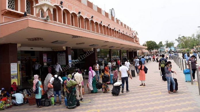 People at the Jaipur railway station. Kumbh returnees and migrant workers coming home are among reasons being forwarded for the spike in Covid cases in Rajasthan | Rohit Jain Paras | ThePrint