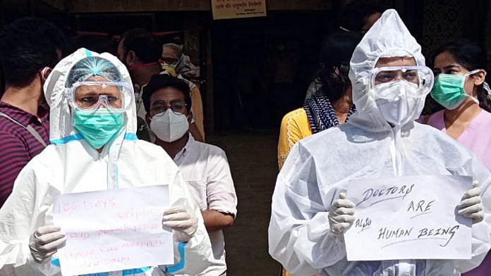 Representational image of doctors demanding their salary dues amid the Covid-19 pandemic | File photo: ANI