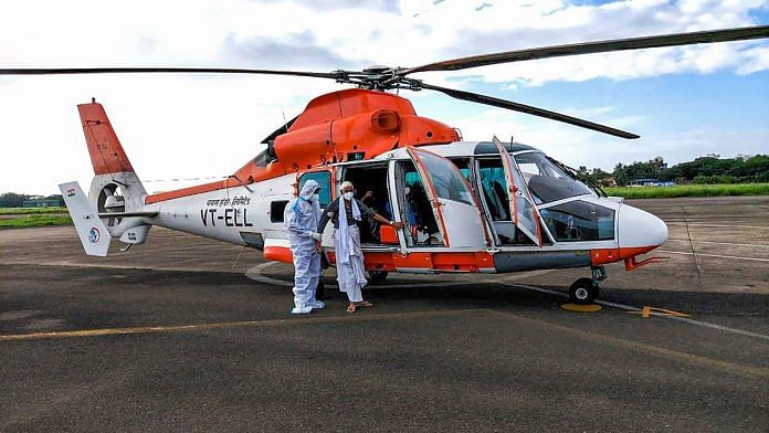 A Pawan Hans helicopter airlifted two Covid-19 patients from Lakshadweep to INHS Sanjivani, a Naval hospital in Kochi, on 17 May | Photo: PTI