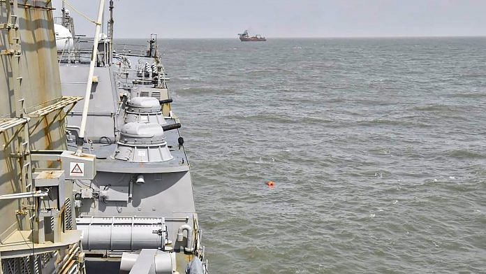 Indian Navy carries out the rescue and search operations for the missing crew members of the barge P305, off the Mumbai coast | PTI