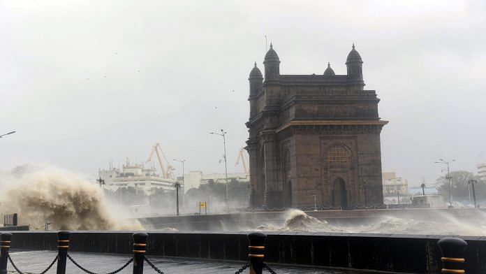 Strong sea waves near the Gateway of India as Cyclone Tauktae approaches Mumbai coast, on 17 May 2021