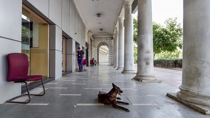 Connaught Place wears a deserted look during the lockdown in New Delhi, on 11 May 2021