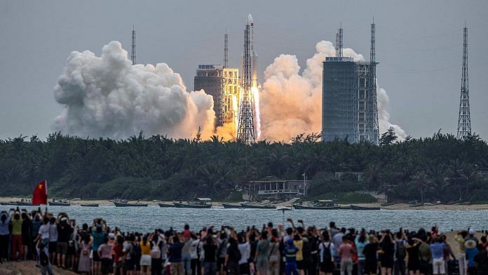 Long March 5B rocket, carrying China's Tianhe space station core module, at the Wenchang Space Launch Center in southern China's Hainan province, on 29 April 2021