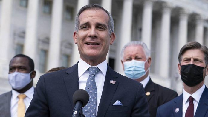 Eric Garcetti, mayor of Los Angeles, speaks during a news conference outside the U.S. Capitol in Washington, D.C., US, on 12 May 2021 | Sarah Silbiger | Bloomberg