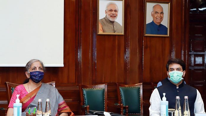 File photo of Finance Minister Nirmala Sitharaman and MoS Anurag Thakur during a GST Council meeting, in New Delhi | ANI Photo