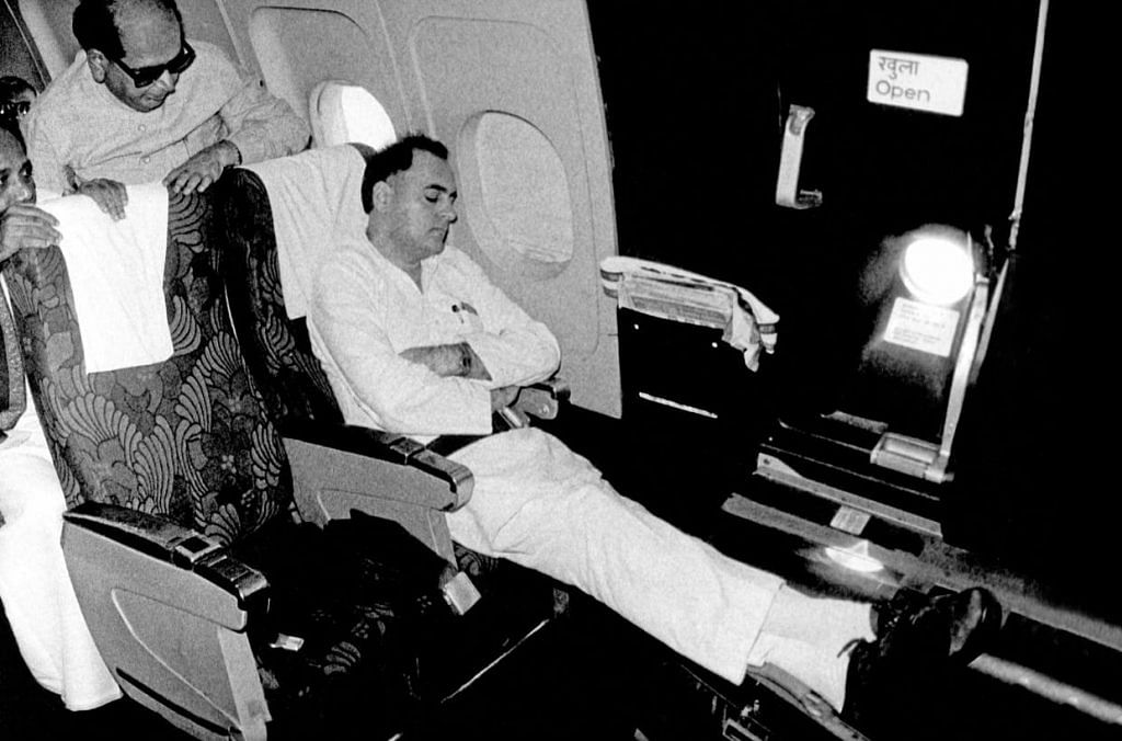 In 1991, Rajiv Gandhi takes a nap on a plane to Chennai | Photo: Praveen Jain | ThePrint