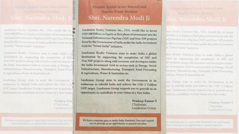 A page 1 ad for Modi: Give meeting, get $500bn investment, says unknown US realty firm