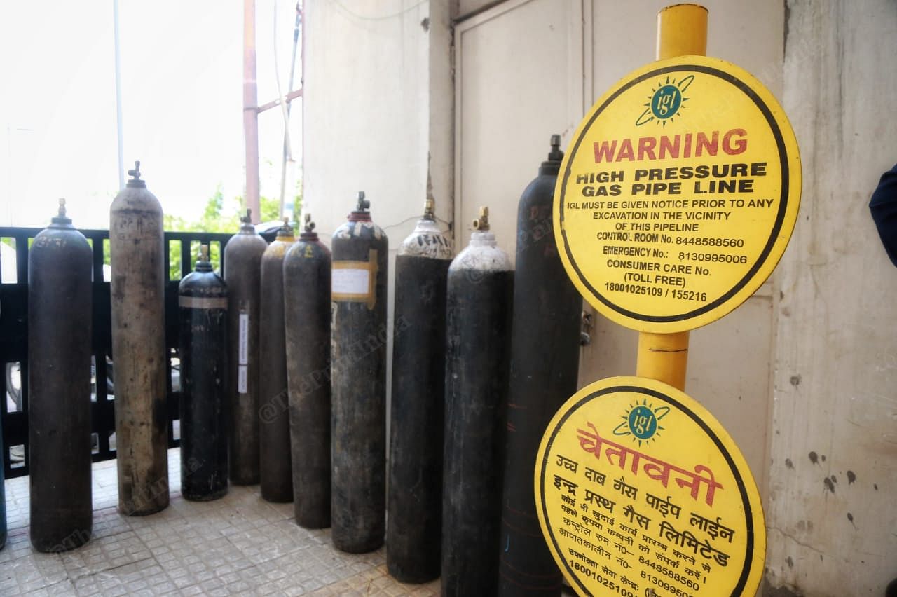 Oxygen cylinders lined up to be sent for refilling, at Gaur Saundaryam, Greater Noida (W) | Manisha Mondal | ThePrint