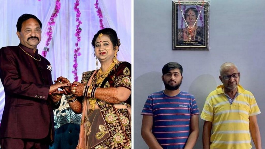 Congress leader Lal Chand Rai with his wife Vandana at their wedding anniversary in January; (right) Rai and his son stand in front of a photograph of Vandana after she died of Covid-19 | Photos: Special arrangement/Nirmal Poddar | ThePrint