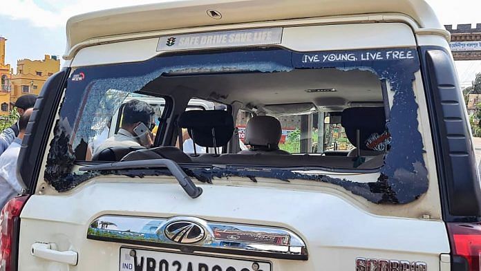 V Muraleedharan's convoy damaged during his visit in West Midnapore district of Bengal, on 8 May 2021 | PTI