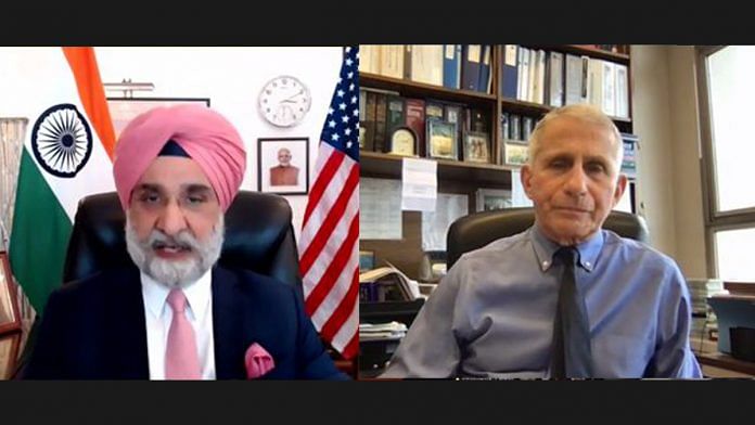 India's Ambassador to the US Taranjit Singh Sandhu and Chief Medical Advisor to White House Dr Anthony Fauci discussing India's Covid-19 crisis, on 5 May 2021 | Twitter/@SandhuTaranjitS