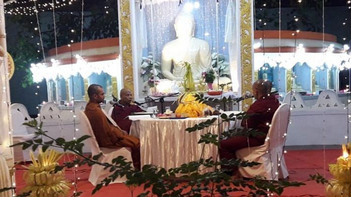 Buddhist monks recording the Ratana Sutta for the Sri Lanka Broadcasting Corporation Tuesday | By special arrangement