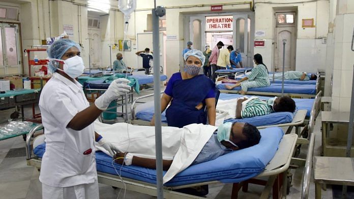 Black Fungus infected patients wait for surgery at a ward near the operation theatre at government ENT Hospital in Hyderabad, on 21 May 2021 | Representational Image | PTI