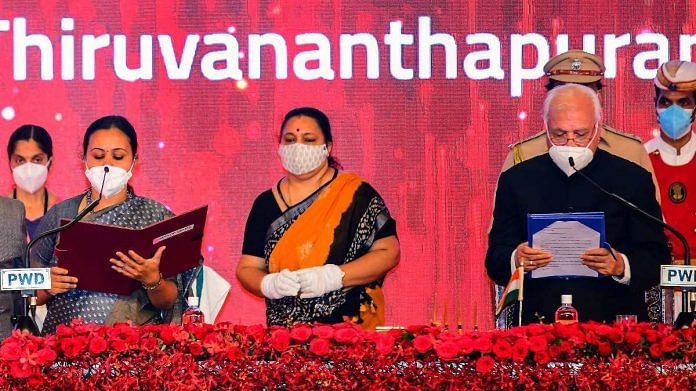 Veena George takes oath as Kerala's health minister before the Kerala Governor Arif Mohammad Khan during a swearing-in ceremony in Thiruvananthapuram, on 20 May 2021 | PTI