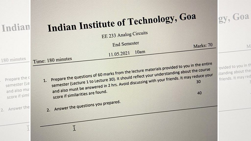 A photo of the IIT Goa question paper that is finding online attention for its unique nature. | Photo: Twitter/RajanKarna