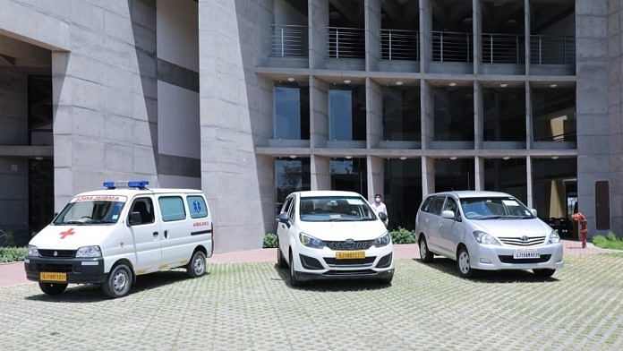 The newly established Covid care facility at IIT Gandhinagar, which is equipped with ambulances. | Photo courtesy: IIT Gandhinagar